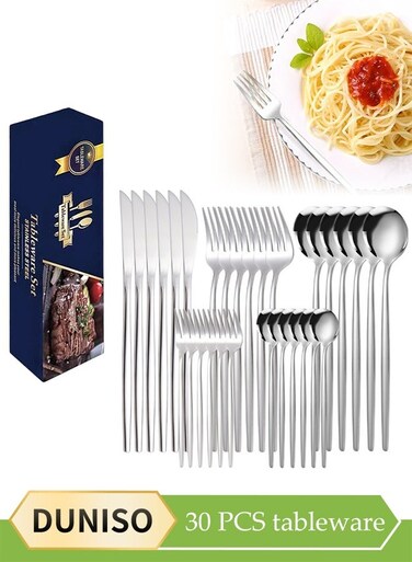 30 Pcs Stainless Steel Cutlery Set, Western Style Kitchen Utensil Set, Mirror Polished Tableware Set, With Knife, Fork, Spoon, Suitable For Family Dining, Kitchen&iuml;&frac14;&OElig;Gatherings, Silver