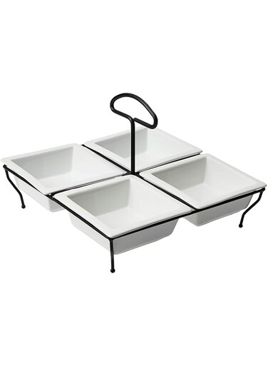 Great Serving 4 Square Bowls on Rack, White, GSC.Y1336