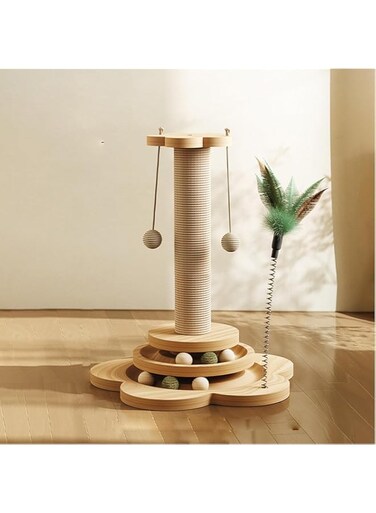 Lomeshow Cat Scratching Post, 4 in 1 Wooden Cat Scratcher Toy, Interactive Cat Feather Toy and 2 Sisal Hanging Balls for Indoor Kittens, Adult Cats Cat Scratching Post Cat Scratcher Kitten Toys
