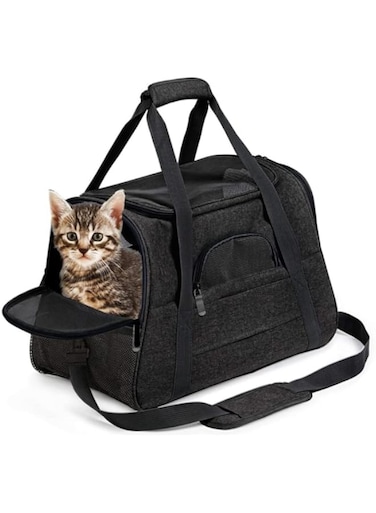 NeoStyle Cat Carrier,Premium Pet Carrier Soft Sided with Fleece Pad for Cat and Small Dogs,Portable Cozy Travel Pet Bag, Car Seat Safe Carrier (43 * 25 * 28cm, Black(with Fluff cushion))
