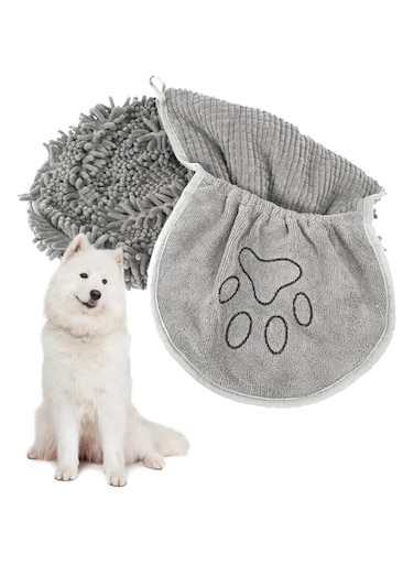 Khazna Chenille Dog Drying Towel, Super Absorbent Microfiber Dog Bath Towels for Drying Dogs Cats, Shammy Clean Gloves for Pet Puppy Kitten Paws, Machine Washable, Grey, 35x80cm