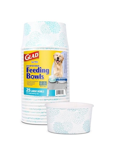 Glad for Pets Disposable Feeding Bowls   Large Dog Bowls in Teal Pattern   3.5 Cup Feeding Size Dog Bowls are Great for Dry and Wet Dog Food or Water (Pack of 1, 25 Count Total)