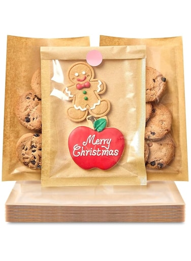 100 Pcs Clear Front Paper Cookie Bags with Seal Heat-Sealable &amp; Grease-Resistant, 5.1x7.5 Inches Bakery Bags with Window, Small Treat Bags Cookies Packaging Favor Bags (Brown)