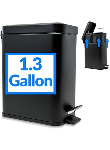 Reli. Small Trash Can with Lid, 1.3 Gallon (5 Liter)   Stainless Steel (Matte Black)   Small Bathroom Trash Can   Step Pedal Garbage Can with Removable Bucket, Kitchen   Rectangular Metal Trash Bin
