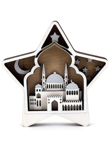 Party with Emma Eid Ramadan Crafts Stand Decoration Ramadan Mubarak Handmade Wooden Star Decor Eid Ornaments Gift for Muslims Islamic Wall Table Decor Ramadan Gift (Silver)