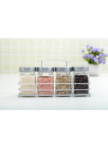 Orchid 4Pcs Glass Spice Jar Set with Metal Rack, Clear Spices Container, Food Storage Jars with Rack, Seasoning Jar Set, Condiment Jar, Salt and Pepper Set, Seasoning Organizer Glass Bottle Jars 300ml