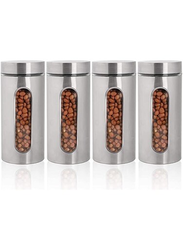GGEROU Stainless Steel Food Storage Canister Sets with Glass Visible Window &amp; Airtight Lids,Set of 4 Airtight Sugar Coffee Tea Candy Storage Jars，Food Storage Containers Grain Storage Tank (L：1300ml)