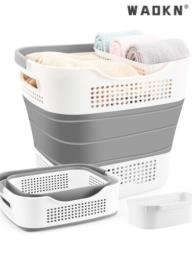 Foldable Laundry Basket Plastic with Handle, Collapsible Bucket Laundry Hamper, Plastic Basket Laundry Bin Container, Multi purpose Organizer Clothes Storage Washing Basket for Home - Dark Grey