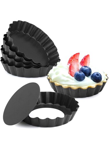 U-HOOME 4 Inch Tart Pans, Nonstick Mini Quiche Pan Removable Bottom Tart Pan Cheesecake Pan Tart Mold Set of 6 (Black)