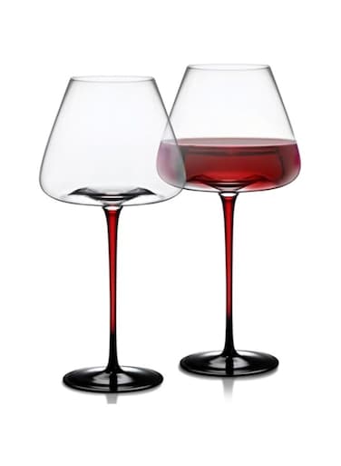 Champagne Glasses Set of 2 - Modern Red Stem &amp; Black Bottom for Sparkling Wine, Ros, Prosecco, Champagne Handcrafted Barware, Perfect for gif