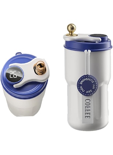 TERRIFI Insulated Stainless Steel Travel Coffee Mug - LED Smart Temperature Display with Leak-Proof Lid, Keeps Cold for 12 Hours or Hot for 10 Hours for Ice Drinks and Hot Beverage, 14oz (Blue-White)