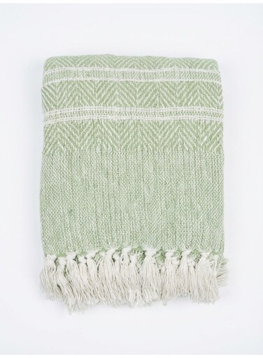 130 x 160 cm Sage Green Tribal Cotton Throw Blanket With Fringes For Couch Sofa Bed and Boho Living Room Home Decor 400GSM