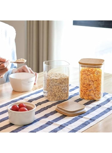 Mash 2-Piece Kitchen Food Storage Square Glass Canister Jar With Airtight Bamboo Lid For Cereals, Pasta, Tea, Coffee, Snacks, And Spices - 1200 ML Transparent