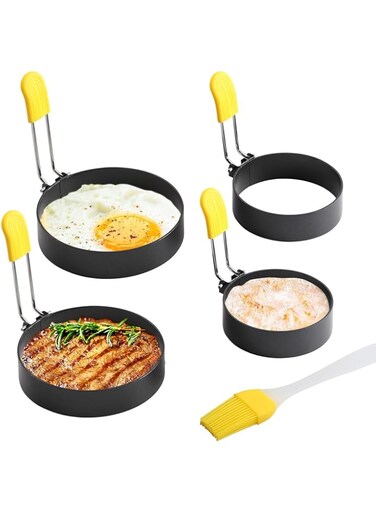 Jemey Poached Egg Moulds, 2pcs 3in Egg Rings and 2pcs 4in Egg Rings Come with Oil Brush, Air Fryer Egg Poacher for Frying Eggs, Muffin, Cupcakes, Custard and Pudding