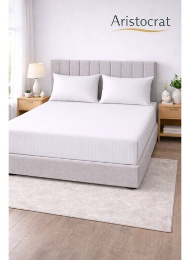 3-Piece Striped Microfiber Fitted Sheet Set Queen 150x200cm &acirc;&euro;&ldquo; Soft Elastic Deep Pocket 17cm Bedsheet with 2 Pillowcases 50x70cm, White Microfiber White 150X200+17cm