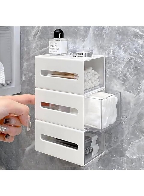 Lomeshow Wall Mounted Qtip Holder Canisters, Bathroom Organizers and Storage, Multi-Functional Double-Sided Drawer, for Cotton Balls, Swabs, Floss, Hair Tie, No Drilling(3 Pack)