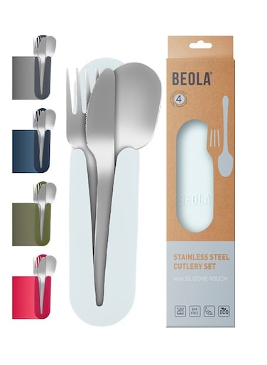 Stainless Steel Cutlery Set, Travel Utensils Set with Silicone Case Pouch, Fork Spoon Knife Camping Set, Cutlery Set for Kids School, Set of 4 (Ice Blue)