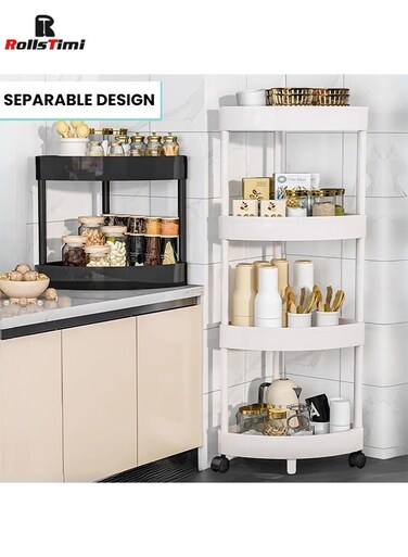 4 Layer Corner Shelf Rolling Storage Cart, Triangular Hollow Out Rolling Utility Cart for Kitchen, Bathroom, Laundry, Narrow Places, White