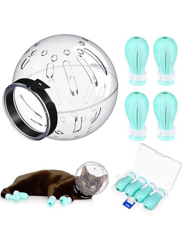 Cat Muzzle for Grooming Cat Adjustable Hood with Paw Covers, Kitten Breathable Anti Bite Muzzles Anti Scratch Boots Silicone Shoes Boots Kitten Paw Protector for Pet Bathing Shaving(Large)