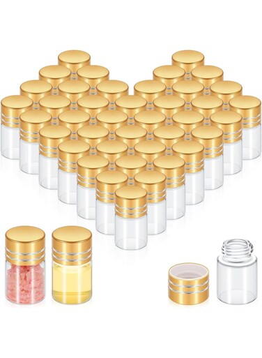 50 Pcs 2ml Tiny Glass Bottles,Vials Mini Small Clear Bottles, Glass Jars Empty Wishing Gift Bottles,Jars Tiny Vials Containers with Aluminum Metal Screw Cap for Crafts, 0.63 x 1.02 Inch (Gold)