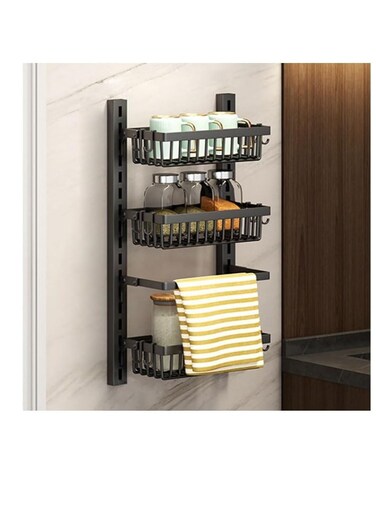 Wall Mounted Shelf for Kitchen Bathroom,3-Tier Wall Mounted Spice Rack,Adjustable Kitchen Bathroom Hanging Shelf with 12 Hooks, Metal Seasoning Condiment Storage Organizer for Cabinet Wall Pantry Door
