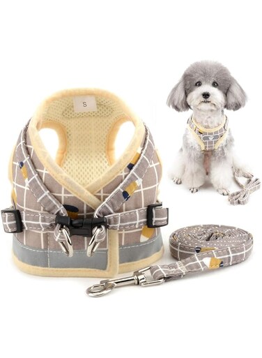 Zunea No Pull Small Dog Harness and Lead Set Adjustable Reflective Step-in Chihuahua Vest Harnesses Mesh Padded Plaid Escape Proof Puppy Jacket for Boy Girl Pet Dogs Cats Khaki XS