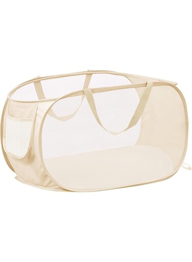 YHRY Pop Up Mesh Laundry Basket, Folding Cloth Hamper, Mesh Popup Collapsible Laundry Hampers, with Side Pocket, Durable Handle, Beige
