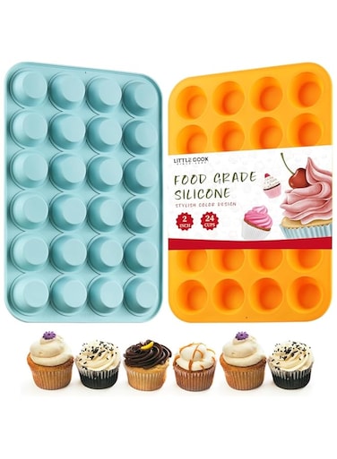 2PCS Silicone Mini Muffin &amp; Cupcake Pan Set, Little Cook 24 Cups Mini Muffin Baking Pan, Non-Stick, BPA Free, Dishwasher Safe, Perfect for Making Muffin, Cakes, Tart (Orange + Peacock Blue)