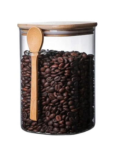 AKDC Square Glass Storage Jar with Wood Lids and Spoon 500ml Airtight Sealed Clear Borosilicate Canister Kitchen Food Storage Containers for Coffee Beans Tea Nuts[1 piece] (500, Rectangular, 1, 5810)