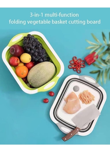 Cutting Board, Foldable Chopping Board with Draining Plug &amp; Colander, Multifunctional Kitchen Vegetable Washing Basket Silicone Dish Tub for Indoor and Outdoor (Gray)