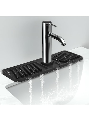 TERRIFI Kitchen Sink Splash Guard, Silicone Faucet Water Catcher Mat, Sink Draining Pad Behind Faucet, Rubber Drying Mat for Kitchen &amp; Bathroom Countertop, 17.4&rdquo;x5.5&rdquo;(Black)