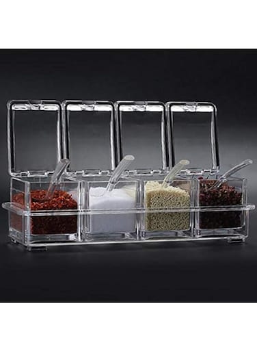 Khazna Clear Seasoning Rack Spice Pots - 4 Piece Acrylic Seasoning Box - Storage Container Condiment Jars - Cruet with Cover and Spoon