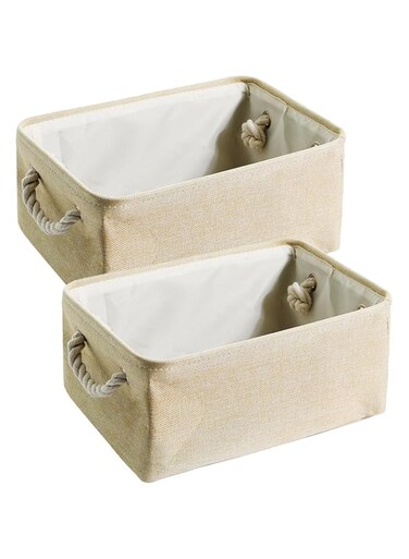 ECVV 2PCS Collapsible Rectangular Storage Basket with Handles, Storage Bins Organizer Basket Used for Organizing Shelves, Closets, Clothes, and Toy, Beige (Small (32.8X24X7.2 cm))