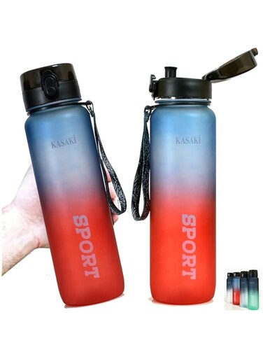 Kasaki motivational Large Water Bottle 1L Tritan Sports Time Markers To Ensure You Drink Enough Water Daily for Fitness Gym and Outdoor Leak Proof For Kids, School BPA Free (Blue &amp; Red)