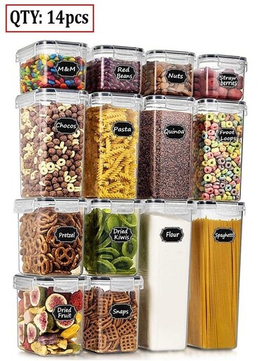 Pack of 14 Air Tight Lid Food Storage Container Space Saving Plastic Cereal Keeper Boxes