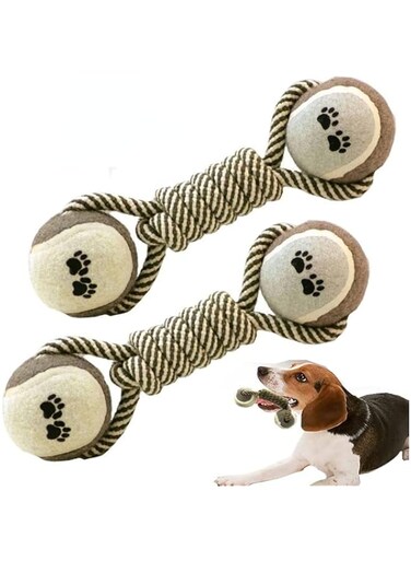REVHQ 2 Pack Pet Toy Supplies Cotton String Tennis Dumbbell Dog Toy Molar Dog Bends and hitches Toy Ball Leashes