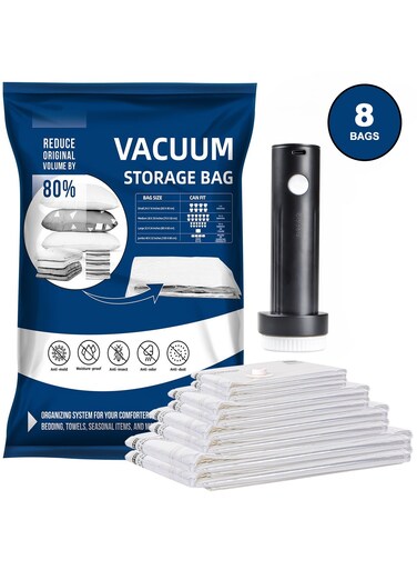 Vacuum Storage Bags 8-Pack (2 Jumbo 2 Large 2 Medium 2 Small) with Wireless Electric Pump - 6000pa Strong Suction Power, Reusable Space Saver Compression Bags for Travel, Ideal for Clothes