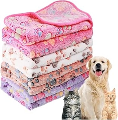 4 Pcs Pet Dog Fleece Blanket Paw Print Puppy Blanket for Small Medium Pet Dog Cat Warm Soft Sleep Mat Puppy Kitten Soft Blanket Throw Doggy Warm Bed Mat (White, Coffee, Pink, Purple,Medium)