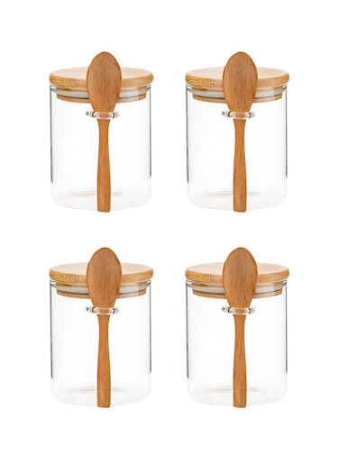 4 Pack Glass Jars with Airtight Bamboo Lids and Spoons, Clear High Borosilicate Glass BPA-Free Food Storage Containers Canisters, for Overnight Oats Coffee Tea Sugar Spice Candy Cookie (4X 500ML)