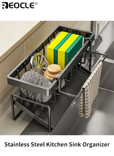 Stainless Steel Kitchen Sink Organizer with Dishcloth Holder Precision-Crafted Space-Saving Storage Rack for Sponges Soaps Brushes &amp; Cloths