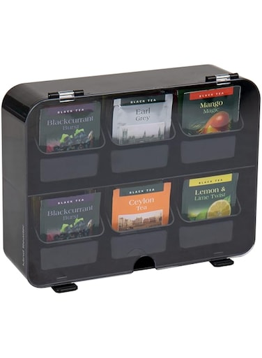 Mind Reader Foundation Collection, 6-Compartment Tea Bag Organizer, 72 Bag Capacity, Removable Drawers and Hinged Clear Lid, Countertop Organizer, Wall Mountable, Breakroom, Black