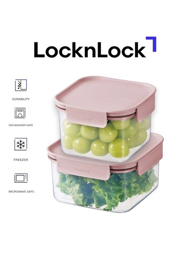 Classic Plus Square Food Container Set (1.25L+860ml) &acirc;&euro;&ldquo; Pink, Airtight &amp; Microwave Safe