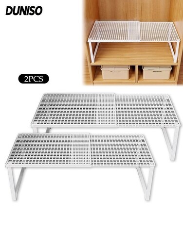2 Pack Stackable Wardrobe Clothes Organizer, Expandable Closet Tension Shelf,Adjustable Storage Rack,DIY Divider Cabinet Separator for Countertop Home Office Desk