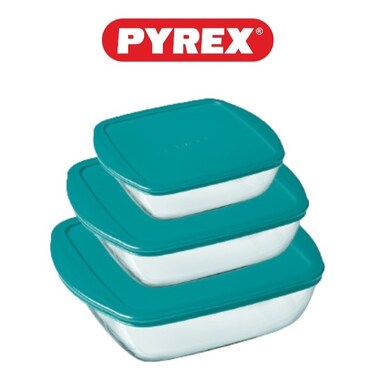 Pyrex Cook&amp;Store Set of 3 Rectangular Roaster with Dark Green Lids - Versatile and Durable Storage Solution