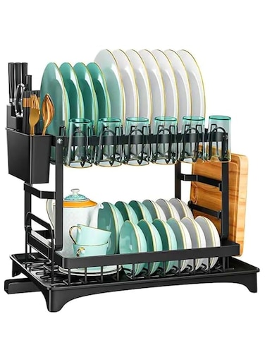 HSYDIY Dish Rack 2 Tier Dish Drying Stand with Baking Paint Protection Easy to Install Dish Drying Rack for Bowls Plates Cups Cutlery and Cutting Board Anti-Rust Dish Rack with Drain Tray
