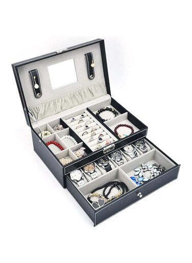 Padom Watch Box with Glass Lid, 12 Slots PU Leather Case 2-Layer Watch Organizer with Jewelry Drawer for Storage and Display (No window)