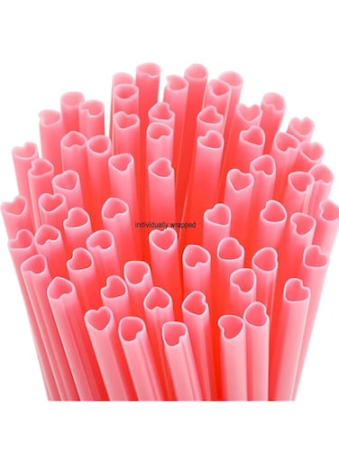100 Pieces Valentine Straws Heart Shaped Pink Straws Plastic Disposable Drinking Cute Straw Drinking Coffee Milk Straw Valentine Party Favors for Bridal Shower Wedding Supplies (individually wrapped)