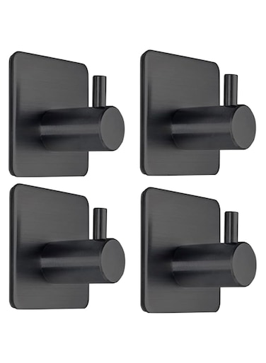 Black Adhesive Towel Hooks Heavy Duty Stick on Wall Hooks Shower Hooks for Bathroom Kitchen Door 4 Packs