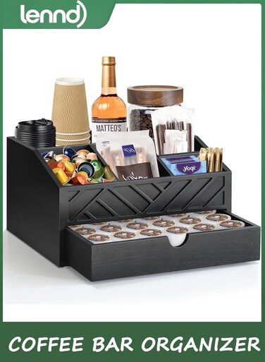 Coffee Bar Accessories Organizer - Countertop Coffee Station with Drawer, Pod Holder &amp; Condiment Organizer (Black)