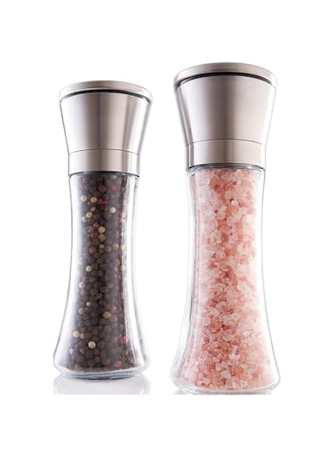 Aokraty 2Pcs Salt And Pepper Grinder, Refillable Stainless Steel Combo Shakers With Adjustable Coarse Mills, Enjoy Your Favorite Spices, Fresh Ground Pepper, Himalayan Or Sea Salts (200ml)